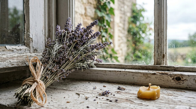A bouquet of lavender flowers tied with raffia on a rustic window sill with a candle