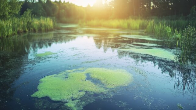 Toxic green algae bloom glowing in polluted pond water during golden afternoon sunlight