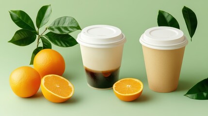 Fototapeta premium Refreshing Citrus Beverages in Paper Cups with Orange Slices and Green Leaves