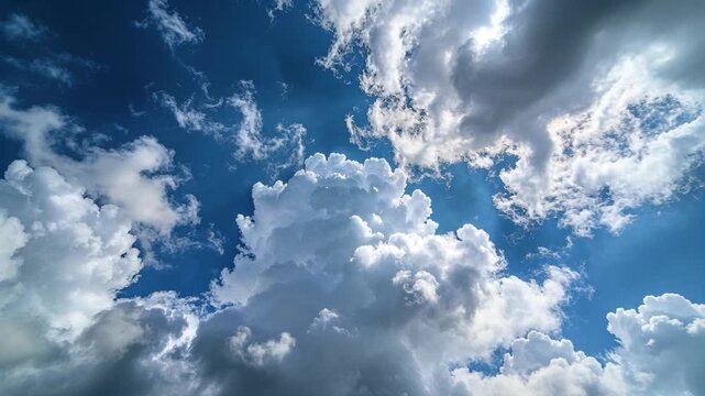 Rising tall cumulus with updrafts building, sun emerging behind right bank, casting beams and wisps