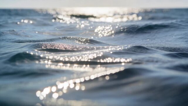 Glinting ocean surface shifting with small wave crests at sea, triggered by low-angle sun