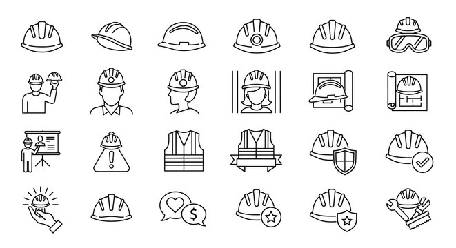 Collection of hard hat construction safety icons and engineering equipment with safety gear construction engineer protection industrial architecture workplace equipment blueprint maintenance