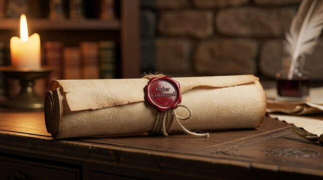 Vintage Scroll Tied With Red Wax Seal On Wooden Surface