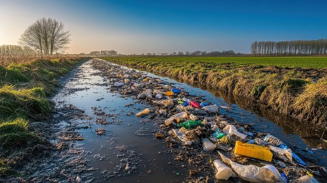 Polluted rural ditch filled with plastic waste and chemical runoff under a clear sky with agricultural fields