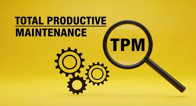 Total Productive Maintenance concept, TPM acronym under magnifying glass on yellow background, industrial efficiency and lean manufacturing gears