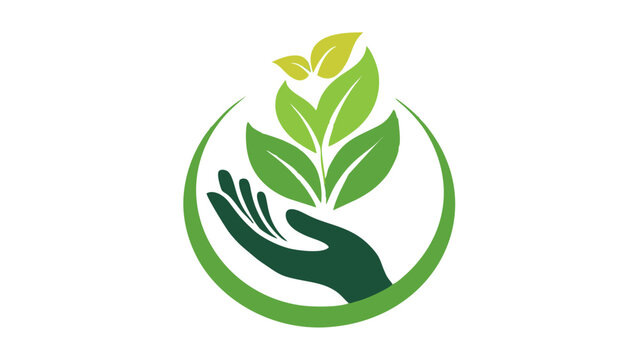 Logo vektor melingkar menampilkan telapak tangan yang menopang tunas daun hijau subur, sangat cocok untuk identitas bisnis ramah lingkungan, pertanian, dan ekologi.