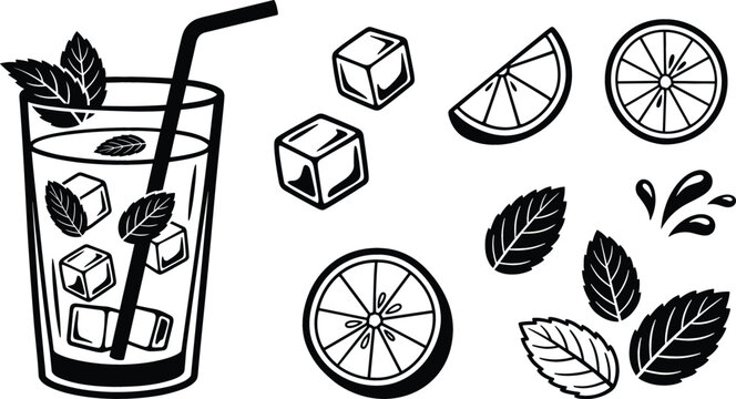 Monochrome summer beverage icon bundle with realistic silhouette illustrations of citrus lemon wedges peppermint foliage and frozen cubes for bar menu design layout