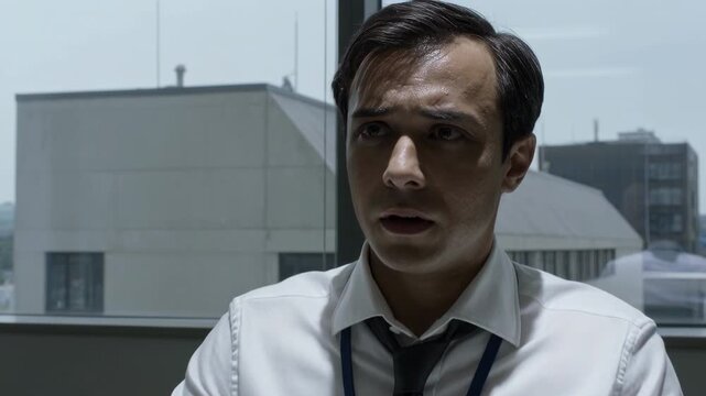 Responding to interviewer query, man in white shirt loosened tie fidgeting at glass table in office