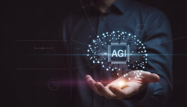 Digital brain concept displaying agi development with glowing neural network circuit patterns.