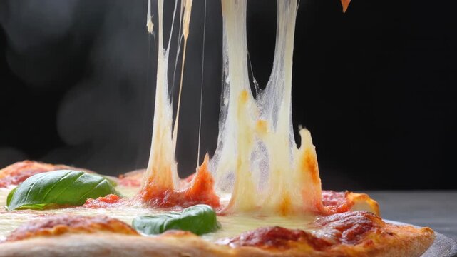 Lifting metal spatula pulling gooey mozzarella from Margherita pizza on countertop, serving slice