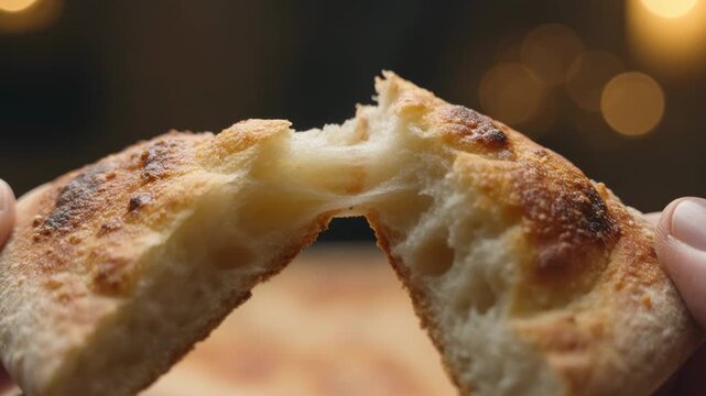 Gripping hands pulling small round pizza pocket at kitchen, revealing melted cheese strands