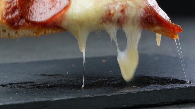 Reaching hand lifting pepperoni slice on slate board, pulling cheese strings over droplets to eat