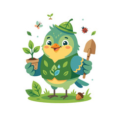 Obraz premium Cute cartoon bird holding plant and shovel, gardening, spring, nature, eco-friendly concept