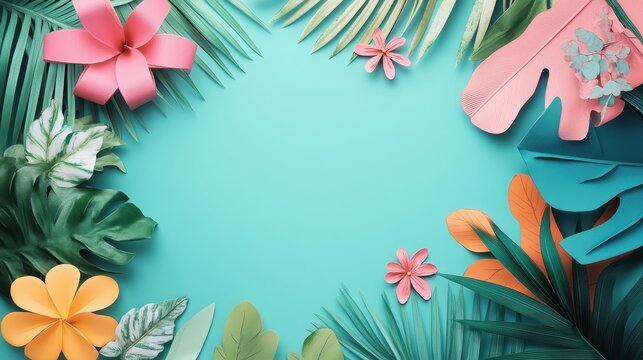Tropical Paper Craft Floral and Leafy Border With Pink Ribbon Accent