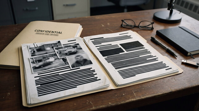 Top secret confidential dossier folder with redacted documents on office desk confidential redacted documents paperwork