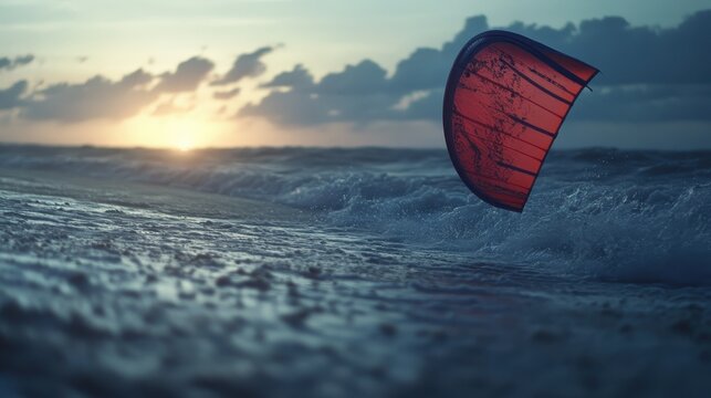 Vibrant red kite catches the wind during action-packed kitesurfing on ocean waves at sunset
