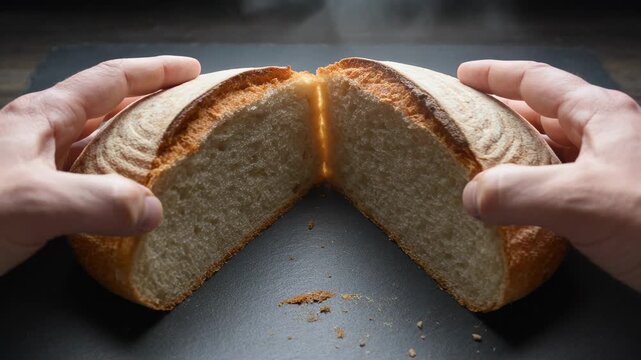 Pulling baker hands opening scored seam of round artisan loaf on dark board, revealing airy crumb