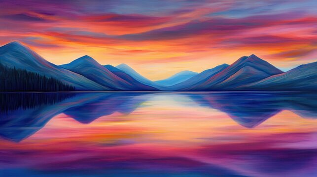 Vibrant mountain landscape with breathtaking sunset reflections on calm water
