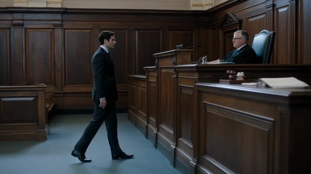 Entering courtroom, man in dark suit walking down aisle toward bench, passing pews to address judge