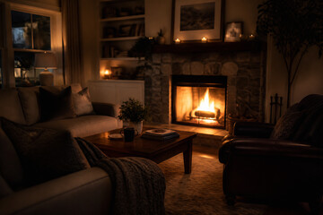 Obraz premium A cozy, dimly lit living room with a fireplace and comfortable seating arrangements.