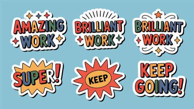 Colorful comic style motivational stickers with amazing work brilliant work super keep going stickers motivational brilliant colorful illustration background decoration