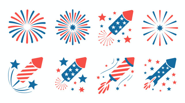 Colorful fireworks and rockets illustration set with stars and stripes pattern fireworks illustration colorful celebration explosion sparkler