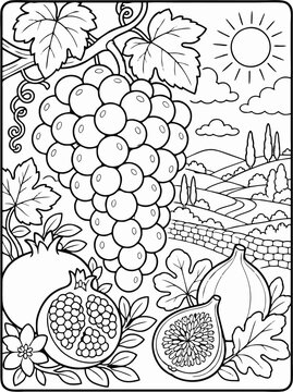 Coloring page featuring the abundant fruits. This detailed black-and-white illustration showcases a large cluster of grapes hanging from a vine, alongside pomegranates and figs.