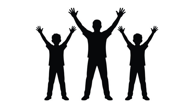 A father and two sons celebrate triumph with arms raised in a united silhouette illustration