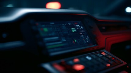 Naklejka premium A high tech dashboard screen is dramatically illuminated showcasing a futuristic digital interface in an innovative and dynamic setting