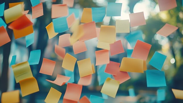 Vibrant sticky notes scattered across a glass surface during a collaborative brainstorming session