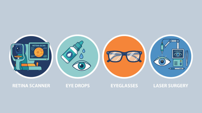 Illustrative icons for comprehensive vision care services, featuring retinal scanning, eye drops, eyeglasses, and laser surgery for optical health