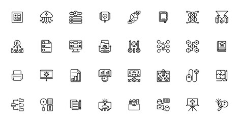 Research and data processing icon set. Minimalist vector icons. Mathematics, cloud hosting, time management, searching, pie chart, thesis, science research, objective, workgroup, questionnaire and mor © wang