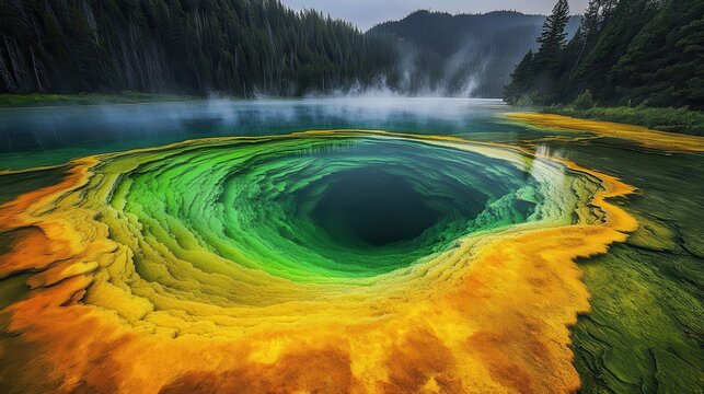 Vibrantly Colored Geothermal Hot Spring with Swirling Patterns and Misty Forested Background