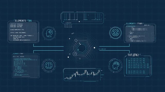Screen with animated infographic elements and computer codes