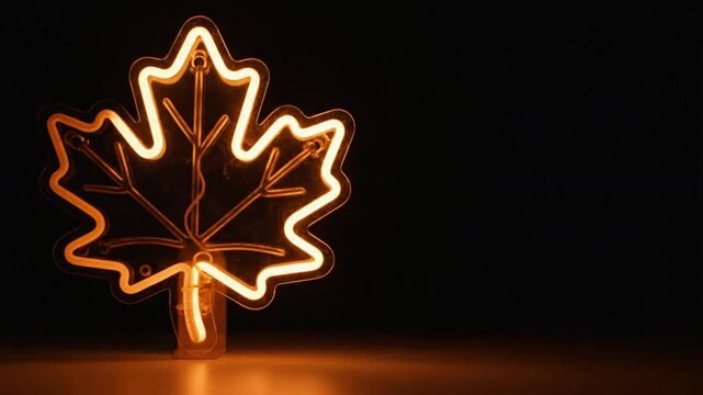 Cinematic macro of neon glowing maple leaf outline shape with copy space