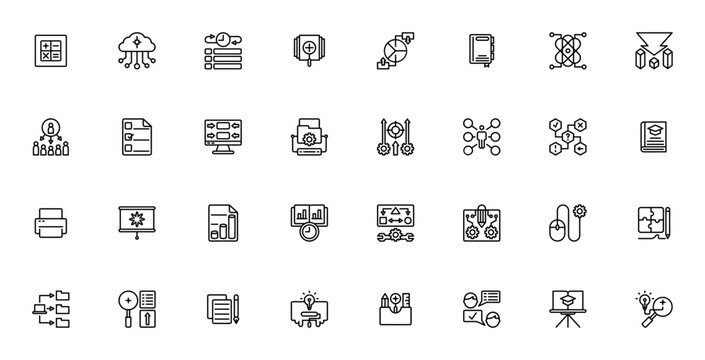 Research and data processing icon set. Minimalist vector icons. Mathematics, cloud hosting, time management, searching, pie chart, thesis, science research, objective, workgroup, questionnaire and mor