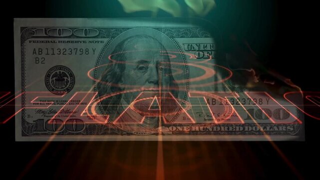 The word INFLATION written in bold 3D text over a burning 100 US dollar bill, symbolizing economic crisis, wealth loss, and currency devaluation.