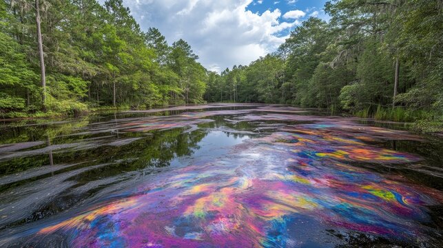 Vibrant toxic algae bloom creates a colorful, swirling pattern on the surface of a forest pond reflecting the sky and trees.