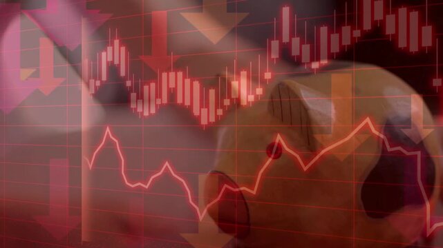 Piggy bank overlaid with falling red stock market candlestick charts and downward arrows, representing financial loss, recession, and lost savings.