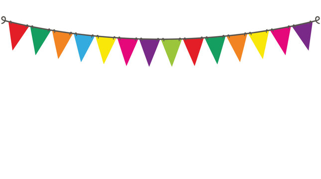 Colorful bunting banner vector illustration featuring bright triangular flags hanging on a simple string line
