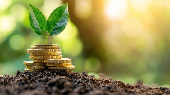 Young Green Plant Growing from Stack of Gold Coins in Fertile Soil