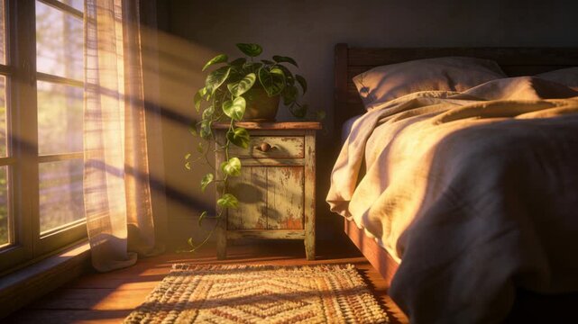 Morning sun streaming across wood nightstand and bed at bedroom corner, with potted vine