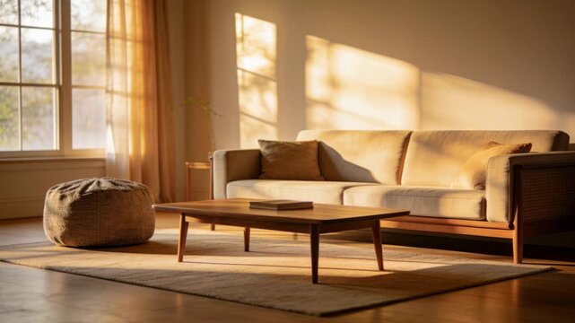 Bathing sofa, coffee table with closed book, pouf in living room, sun moving and casting shadows