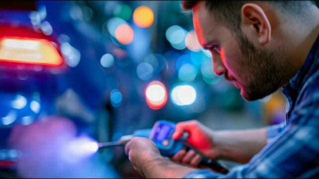 Mechanic inserts diagnostic probe into car exhaust pipe at night, showing emissions testing, vehicle inspection, and automotive service