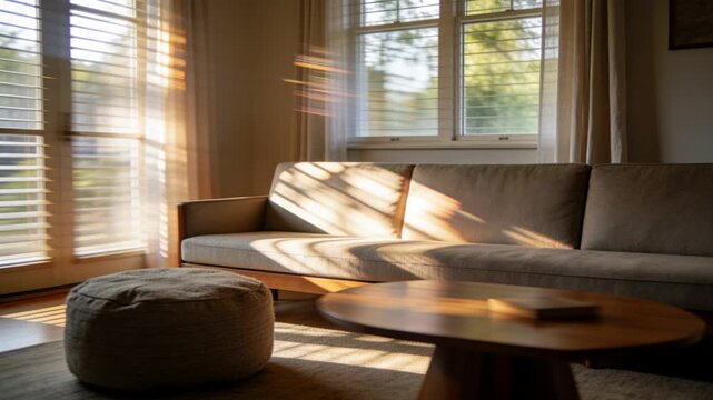 Shifting sunlight crossing beige three-seat sofa in living room, highlighting remote on table