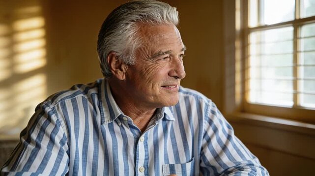 Smiling senior man striped shirt turning to blinds, gesturing, replying to offscreen voice at table