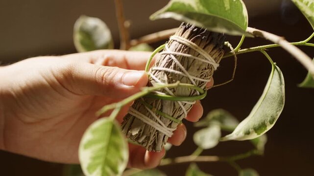 Entering left hand holding and placing smudge stick beside variegated plant at home, vine draping