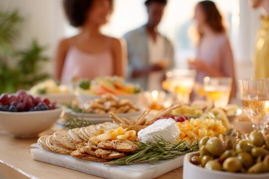 Close up charcuterie and cracker board with cheese, fruit and olives for party background and grazing table display for entertaining