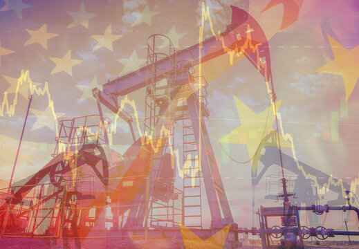 Oil drilling derricks at desert oilfield. Crude oil production from the ground. Oilfield services contractor. Oil drill rig and pump jack. Petroleum production, natural gas, liquids, NGL, additive.