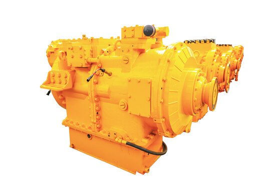 Hydromechanical transmission isolated on white background. Hydromechanical transmission detail of mining truck. Electromechanical transmission with electric differentials for dump trucks. 